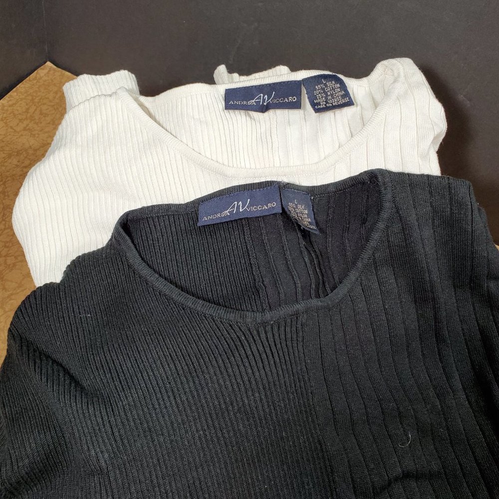 2 Women's Knit Tops ANDREA VICCARO LARGE White Plus Black Long Sleeve EZ Blended